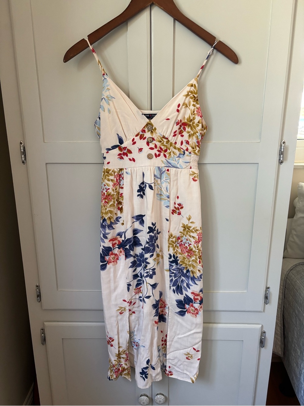 one clothing Cream Floral Spaghetti-Strap Midi Dress with Navy & Mustard Accents